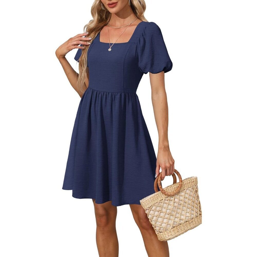 Ofeefan Women Navy Blue Puff Sleeve Square Neck Tie in Back Dresses with Zipper - Picture 4 of 5